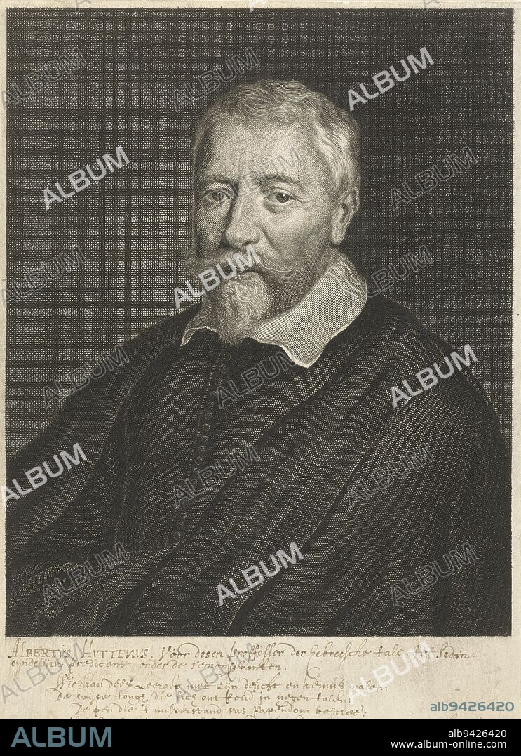 Portrait of Albertus Huttenus, print maker: Hendrik Bary, (mentioned on object), after: Govert Flinck, (mentioned on object), Geeraert Brandt (I), (mentioned on object), Netherlands, 1657 - 1707, paper, engraving, h 297 mm × w 194 mm.