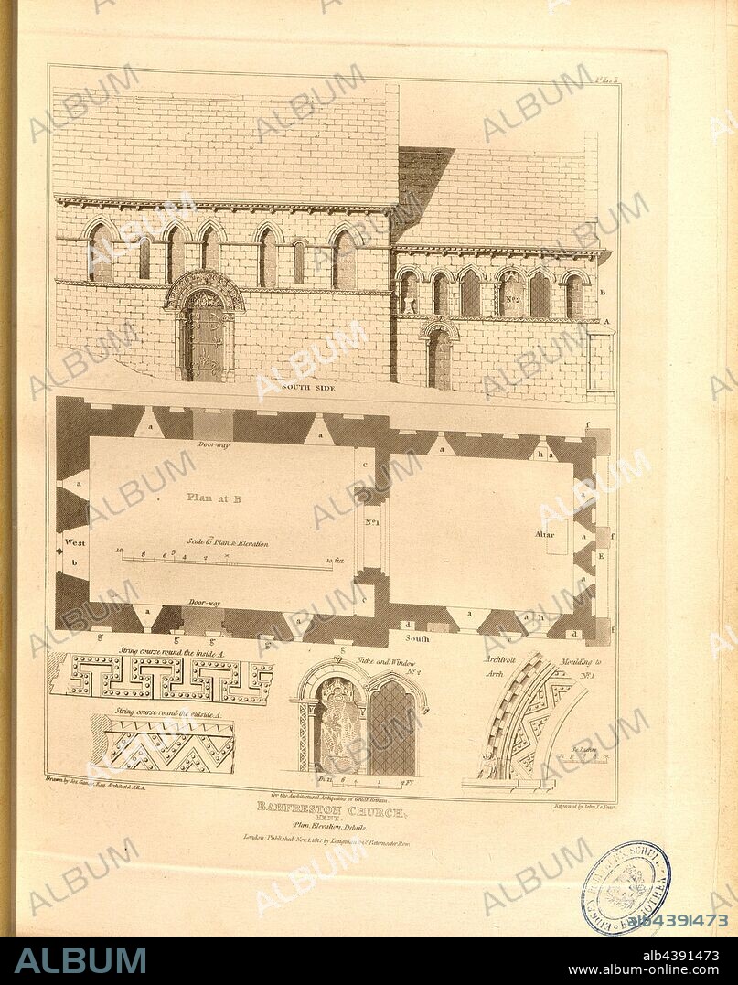 Barfreston Church: Kent, Plan, Elevation, Details, Floor plan of St. Nicholas' Church in Barfrestone Kent, signed: Drawn by Jos., Gandy, Engraved by John Le Keux; Published by Longman & Co, Fig. 10, Pl. I, p. 52, Gandy, Joseph (drawing); Keux, John Le (engraving); Longman & Co. (published), 1812, John Britton: The architectural antiquities of Great Britain: represented and illustrated in a series of views, elevations, plans, sections and details of various ancient English edifices: with historical and descriptive accounts of each. Bd. 4. London: J. Taylor, 1807-1826.