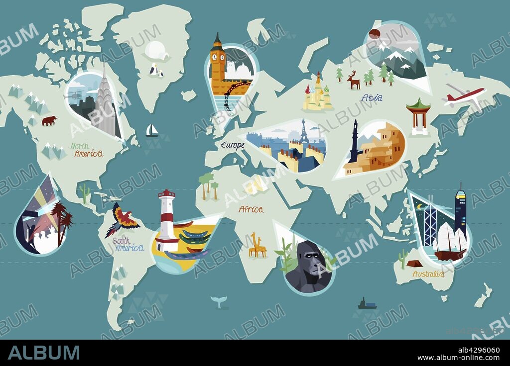 Tourist attractions on world map.