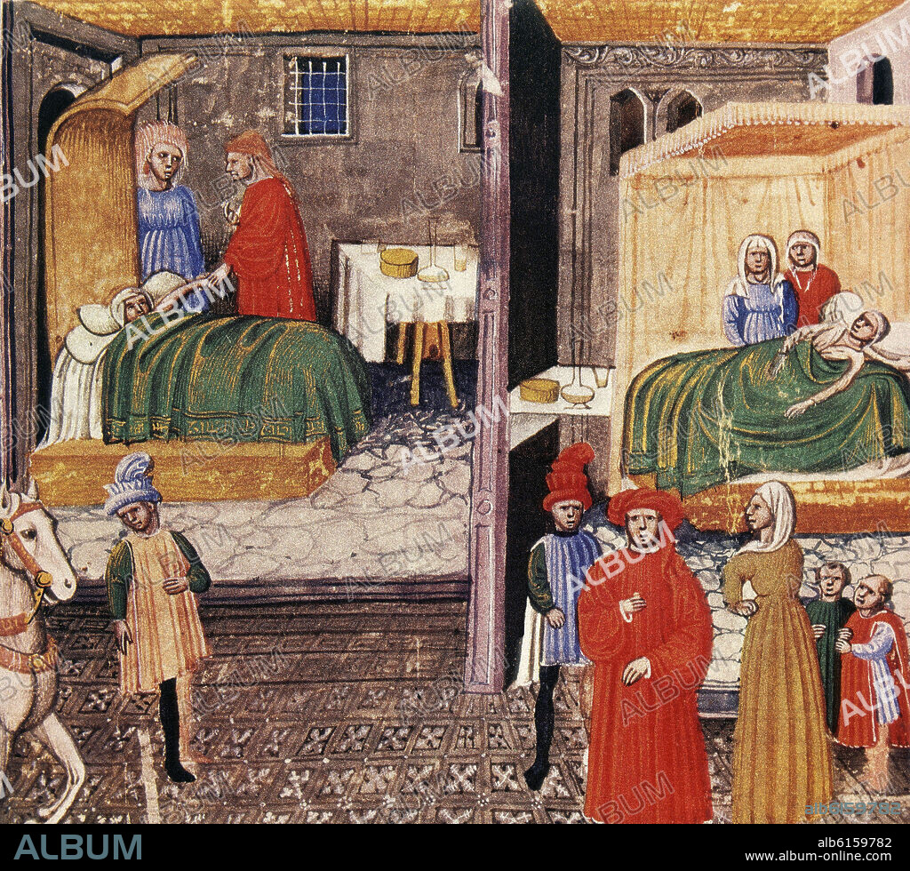 IBN SINA (980-1037) LATINIZADO COMO AVICENA. MS 2197 FOL 492- 1438 - MANUSCRITO DEL CANON DE AVICENA - MEDICO VISITA ENFERMO - SIGLO XV.