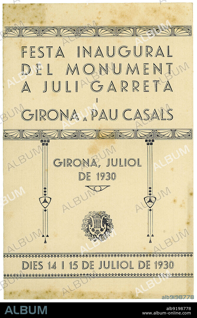 España. Catalunya. Programa de la Fiesta inaugural del monumento a Juli Garreta y Girona a Pau Casals. Girona, año 1930.