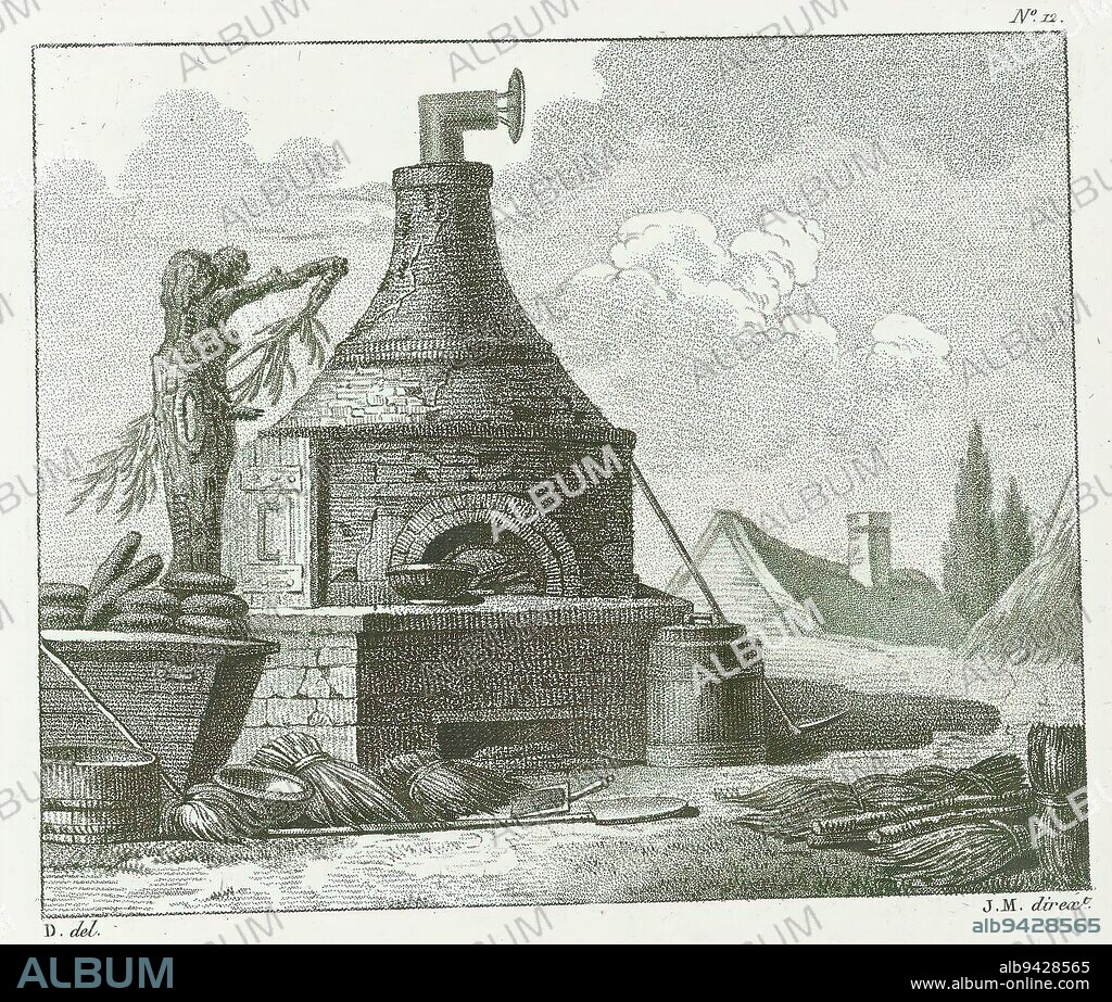 Baking oven in the open air, Drawing examples, third script (series title), 3me. cahier d'études (series title), This print is part of an album., print maker: anonymous, after drawing by: Dubois, (mentioned on object), Jacques Marchand, (mentioned on object), Paris, c. 1800 - c. 1825, paper, etching, engraving, height 170 mm × width 195 mm.