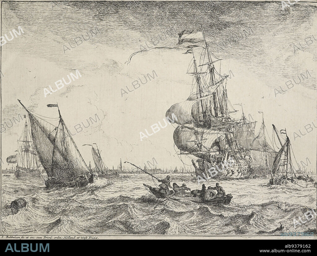 Seascapes with views of the Ij and Amsterdam, Rotterdam, Katwijk, etc. Untitled., Ludolf Bakhuizen the Elder, artist, 1701, Netherlands, etching, Ludolf Bakhuizen (1630 1708) was a German-born Dutch painter, draughtsman, calligrapher and printmaker. He was the leading Dutch painter of maritime subjects after Willem van de Velde the Elder and Younger left for England in 1672. He also painted portraits of his family and circle of friends.