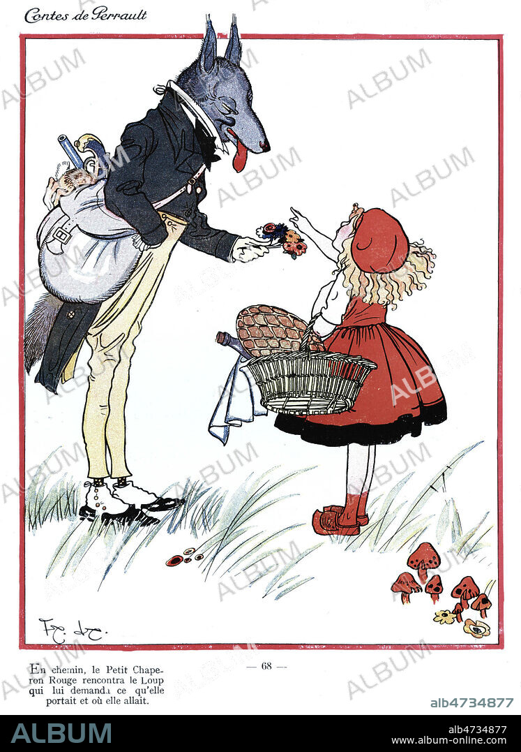 En chemin le petit Chaperon rouge rencontra le loup. Illustration de 1927 par Felix LORIOUX (1872-1964) pour Contes de PERRAULT. ADAGP. Credit : Collection KHARBINE-TAPABOR.