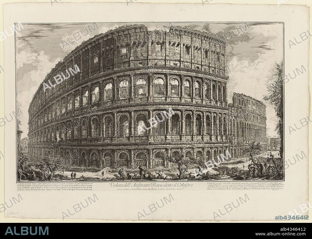 View of the Flavian Amphitheater, called the Colosseum, from Views of Rome, 1750/59, Giovanni Battista Piranesi, Italian, 1720-1778, Italy, Etching on heavy ivory laid paper, 414 x 697 mm (image), 441 x 702 mm (plate), 561 x 790 mm (sheet).