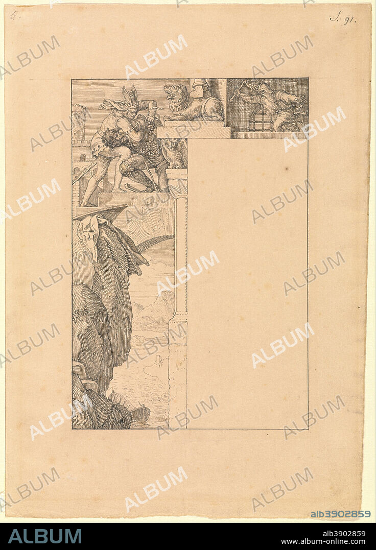 JULIUS SCHNORR VON CAROLSFELD. Siegfried Battles with the Gatekeeper. Date/Period: 1865. Drawing. Gray ink. Height: 201 mm (7.91 in); Width: 135 mm (5.31 in).