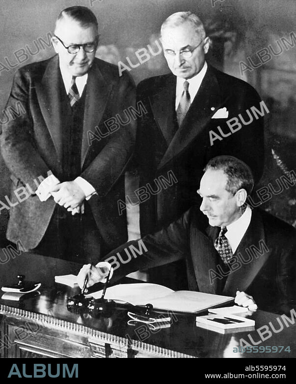 History / Cold War. The North Atlantic Treaty, signed in Washington, D.C. on 4 April 1949, established the North Atlantic Treaty Organization (NATO). US President Truman (right) and Vice President Barkley. Photo, 1949.