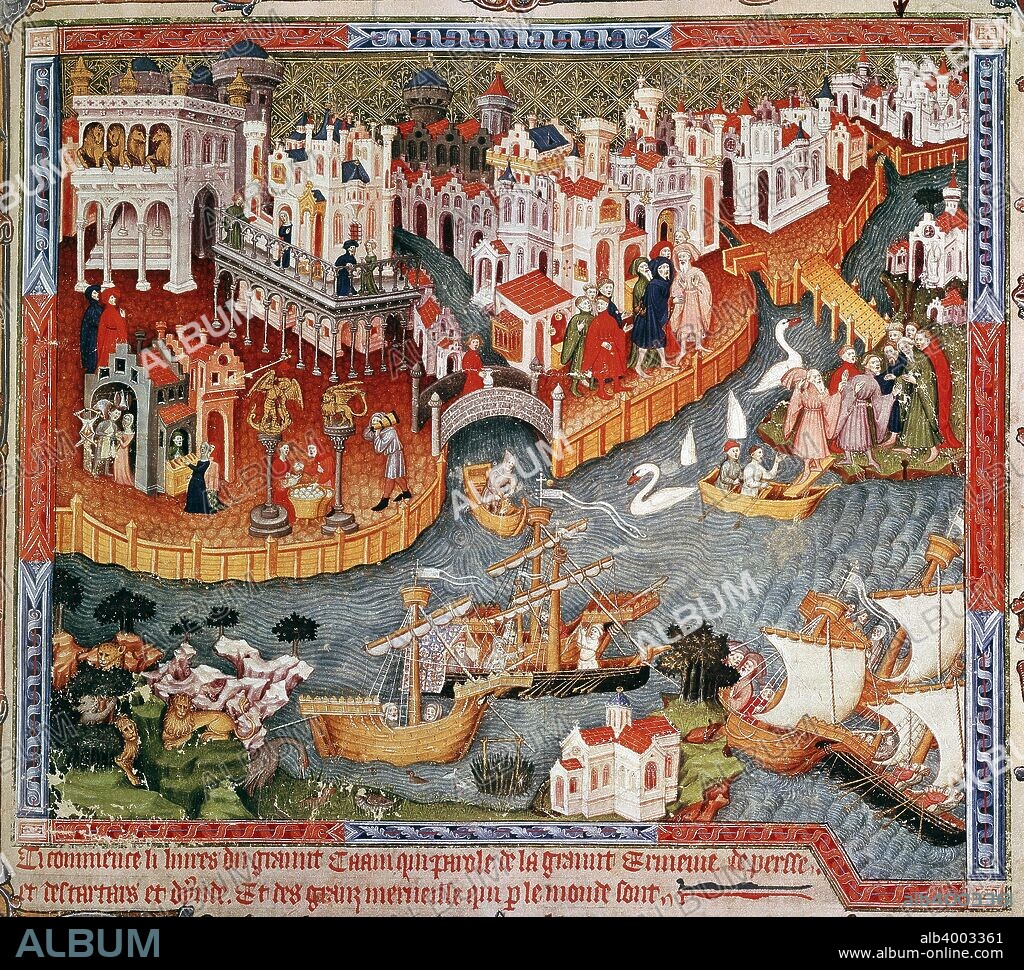 Marco Polo sailing from Venice in 1271, (15th century). Together with his father and uncle, Venetian traveller and merchant Marco Polo (1254-1324) set off from Venice, travelled the Silk Road and arrived at the court of Kublai Khan (1214-1294), Great Khan of the Moguls and Emperor of China, some three years later. He spent 17 years in China before returning home, arriving back in Italy in 1295. He was imprisoned by the Genoese, writing an account of his travels, Il Milione whilst in captivity. From a late 15th century illuminated manuscript in the collection of the Bodleian Library, Oxford.