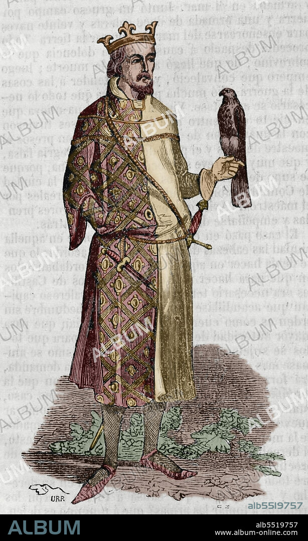 Juan I de Aragón, llamado el Cazador o el Amador de toda Gentileza (1350-1396). Rey de Aragón, Valencia, Mallorca, Cerdeña y Córcega, y conde de Barcelona, Rosellón y Cerdeña (1387-1396). Casa de Aragón. Grabado coloreado. Historia General de España por el padre Mariana. Madrid, 1852.