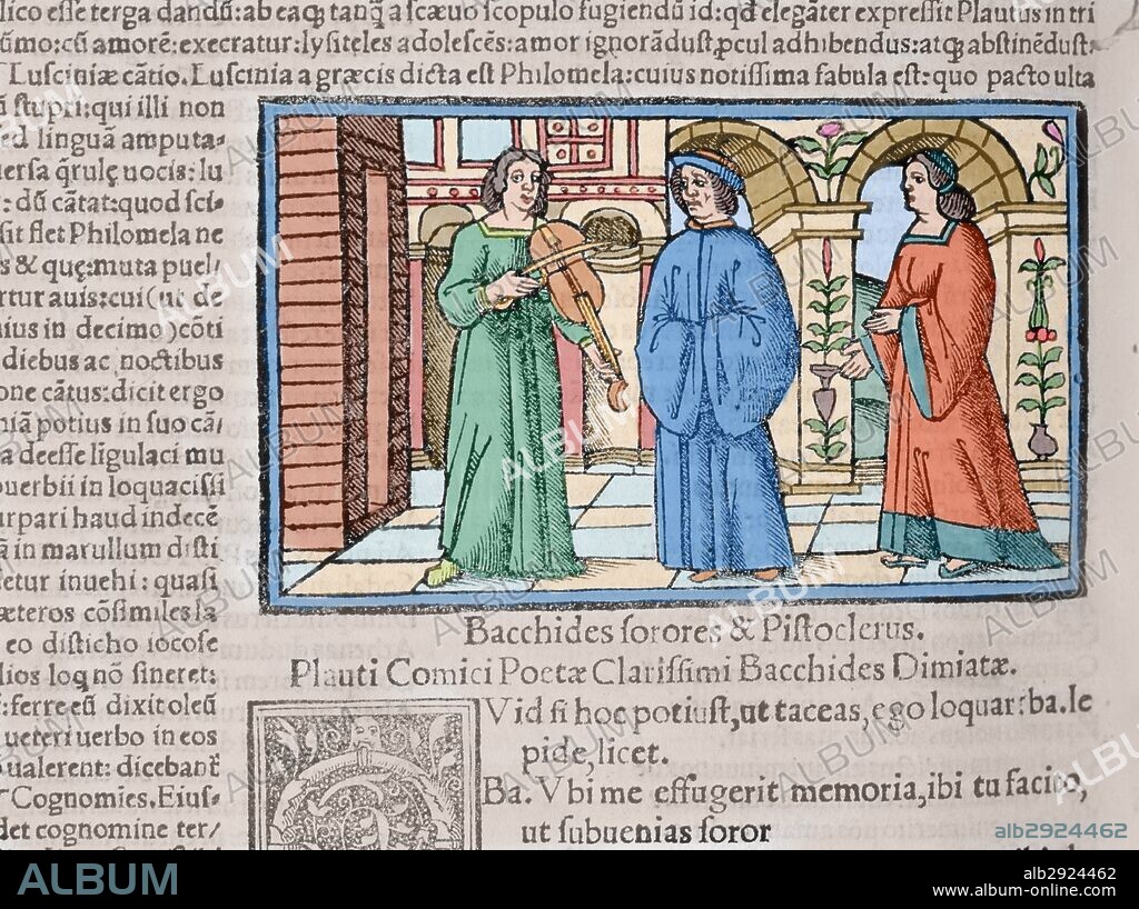LITERATURA LATINA. SIGLOS III-II a. C. PLAUTO, Tito Maccio (Sarsina, 255 a. C. -Roma, 185 a. C.). Comediógrafo latino. "BACCHIDES". Grabado coloreado de una escena del acto I, con los personajes de BACCHIDES, FORORES y PIFTUCLERUS, perteneciente a una edición del año 1518.