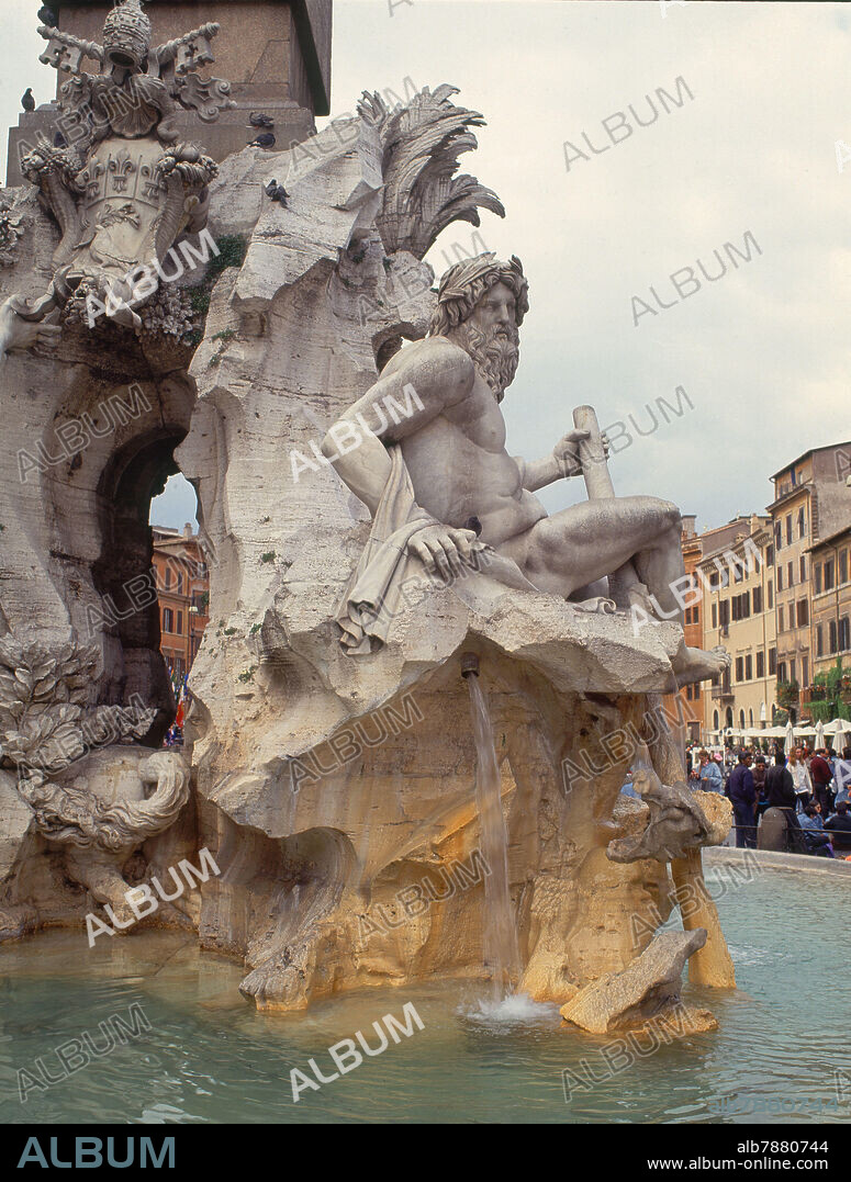GIAN LORENZO BERNINI (1598-1680). PLAZA NAVONA-FUENTE DE LOS 4 RIOS-1651-DET DE ESCULTURA.