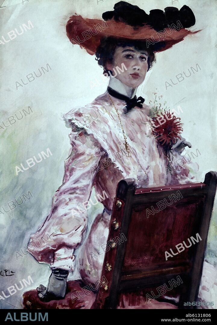 CECILIO PLA Y GALLARDO (1860/1934). LA DAMA DEL SOMBRERO ROJO - SIGLO XIX/XX - MODERNISMO.