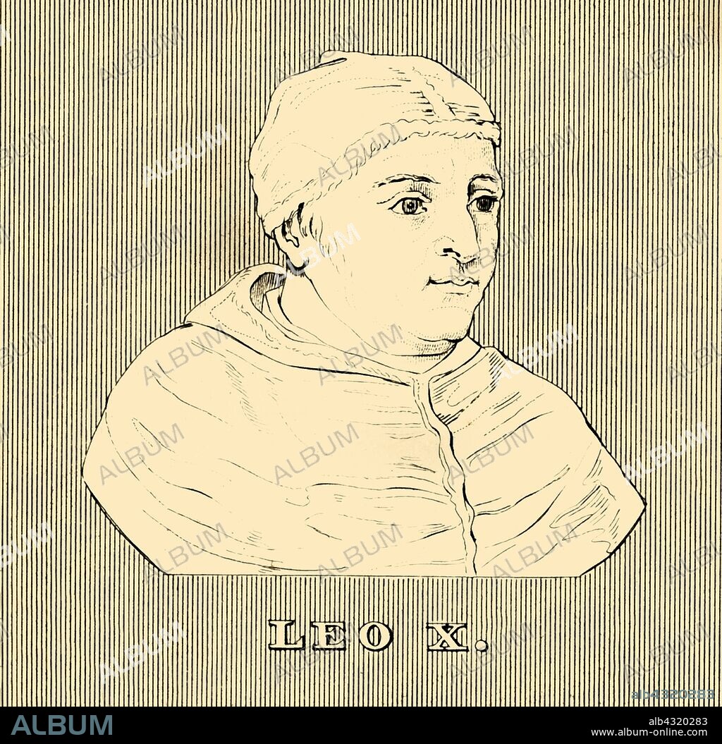 'Leo X', (1475-1521), 1830. Pope Leo X (1475-1521) born into the prominent political and banking Medici family of Florence,  pope from 9 March 1513 to his death in 1521 he was a patron of the arts and refused to acknowledge the legitimacy of the demands of the Protestant Reformation. From "Biographical Illustrations", by Alfred Howard. [Thomas Tegg, R. Griffin and Co., J. Cumming, London, Glasgow and Dublin, 1830].