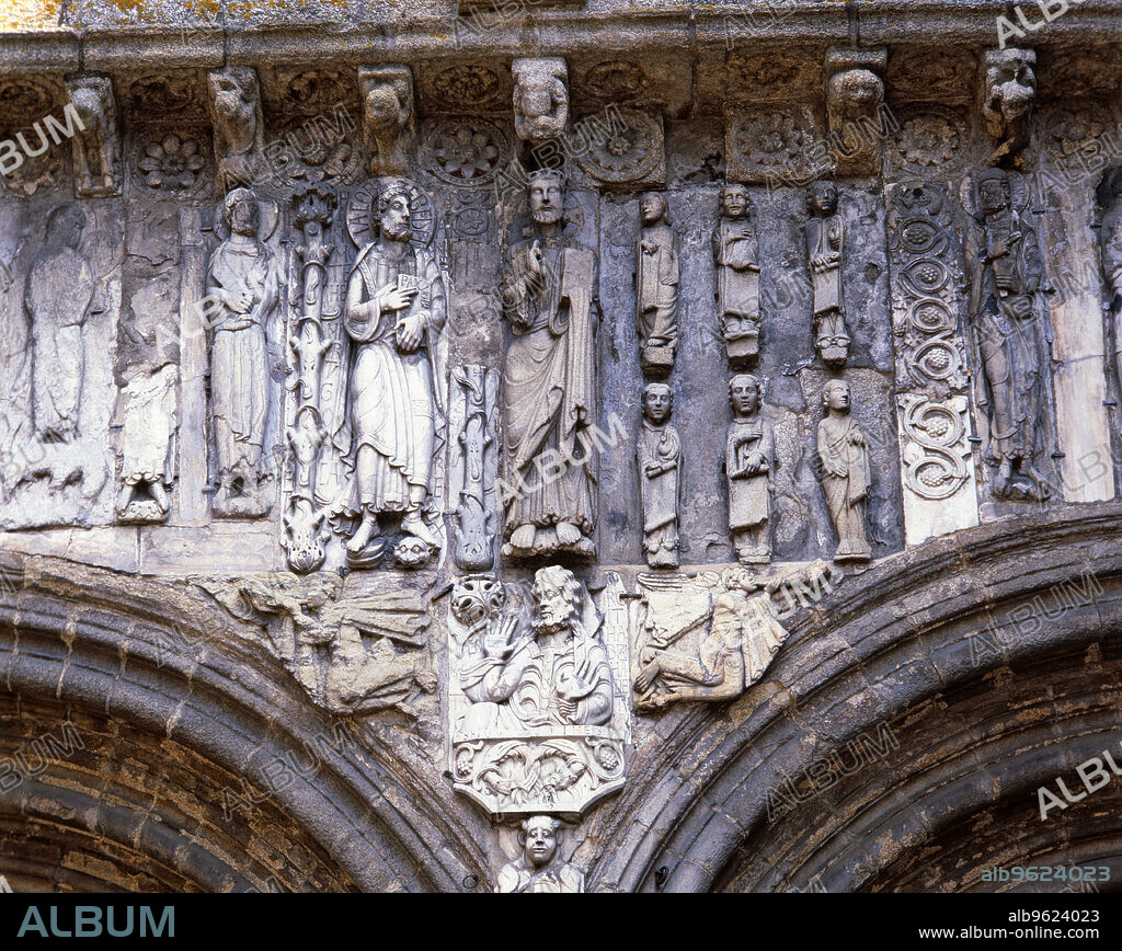 Cathedral of Santiago de Compostela, the Platerias door, detail of the sculptures on the front.