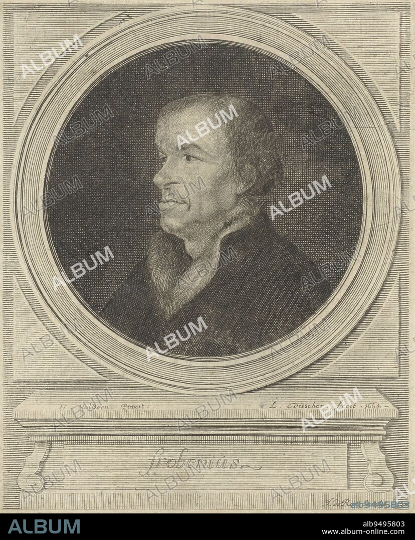 The German scholar, printer and publisher Johann Froben (Johannes Frobenius). He wears a coat with a fur collar., Portrait of Johann Froben, print maker: Lambert Visscher, (mentioned on object), after: Hans Holbein (II), (mentioned on object), publisher: Johannes de Ram, (mentioned on object), print maker: Northern Netherlands, (possibly), publisher: Amsterdam, 1658 - 1693, paper, etching, engraving, h 163 mm × w 132 mm.
