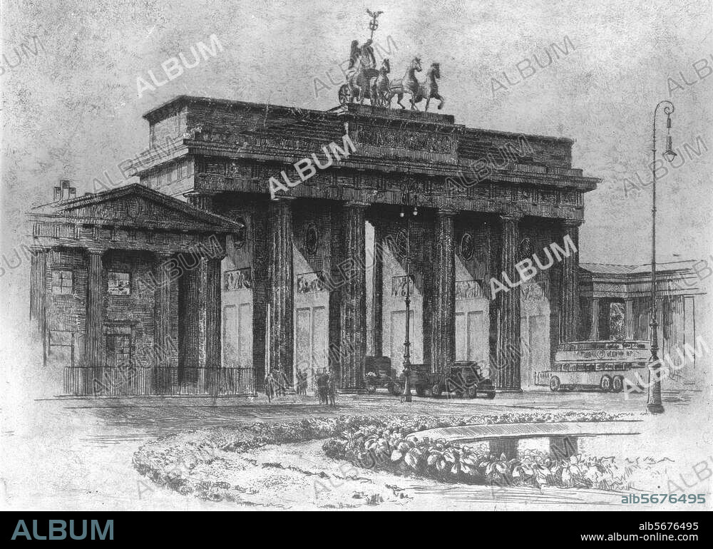 Berlin-Mitte, Brandenburger Tor. (1788-91 erbaut von C.G.Langhans). Ansicht des Brandenburger Tors vom Pariser Platz. Radierung, um 1925, von Paul Paeschke. (1875-1943). 34 × 45 cm. Berlin, Sammlung Archiv für Kunst und Geschichte.
