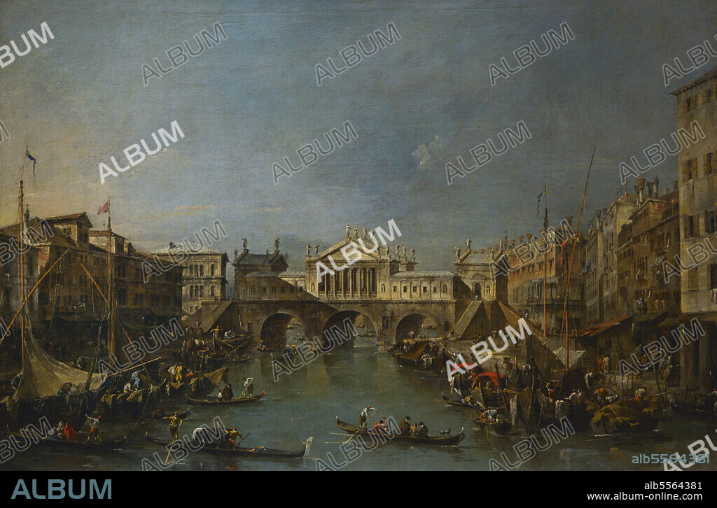 Francesco Guardi (1712-1793). Venetian painter. The Rialto Bridge after the design by Palladio, ca. 1770. Oil on canvas. Calouste Gulbenkian Museum. Lisbon, Portugal.
