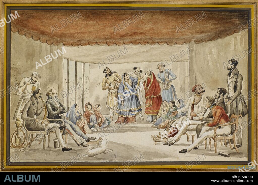 ANON. A Nautch at Hindu Rao's House. Dancing girls entertain. Severl European men watch. One smokes a hookah. Hindu Rao was a famous inhabitant of Delhi. The figure of the Indian host resembles a portrait of Hindu Rao. By a Delhi artist, c.1840. Water-colour and gouache on paper; 178 by 286 mm. Source: Add.Or.4684.