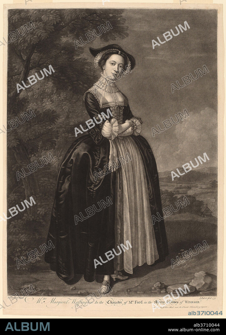 JOHN FABER II AFTER EDWARD HAYTLEY. Mrs. Margaret Woffington in the Character of Mrs. Ford in the Merry Wives of Windsor. Dated: 1751. Dimensions: plate: 50.5 x 35.4 cm (19 7/8 x 13 15/16 in.)  sheet: 52.2 x 37 cm (20 9/16 x 14 9/16 in.). Medium: mezzotint on laid paper.