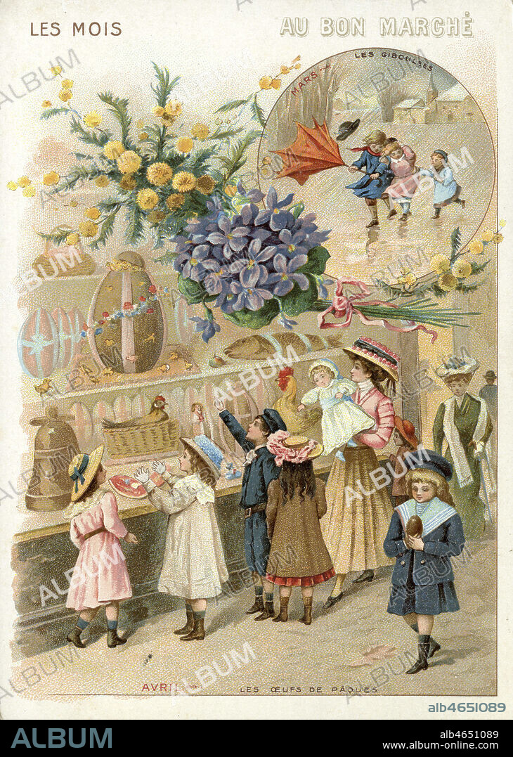 'Mars - Les giboulees. Avril - Les oeufs de Paques.' Des enfants sous la pluie en mars et d'autres devant des chocolats de Paques Chromo vers 1900. Illustration anonyme. Credit : Collection IM/KHARBINE-TAPABOR.
