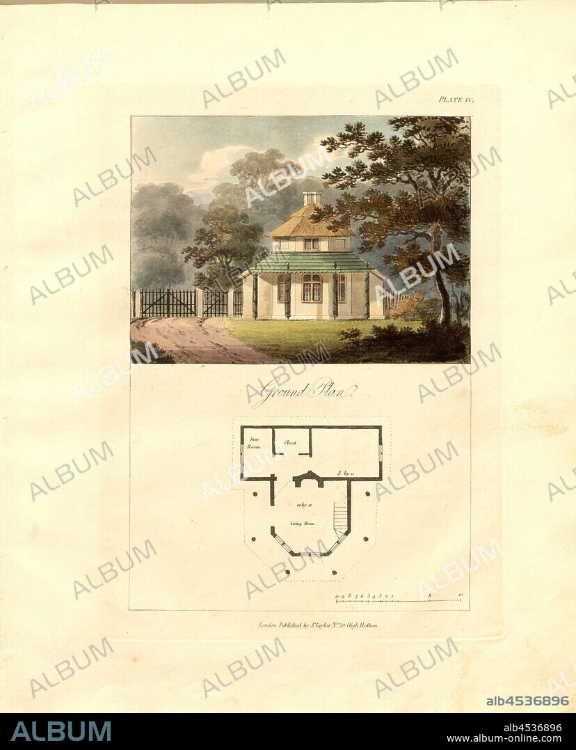 Fancy Cottage, elevation and floor plan for a small country house, pl. IV, to p. 31, Robert Lugar: Architectural sketches for cottages, rural dwellings, and villas, in the Grecian, Gothic, and fancy styles: with plans; suitable to persons of genteel life and moderate fortune.: preceded by some observations on scenery and character proper for picturesque buildings. London: printed for J. Taylor, at the Architectural Library, 1823.