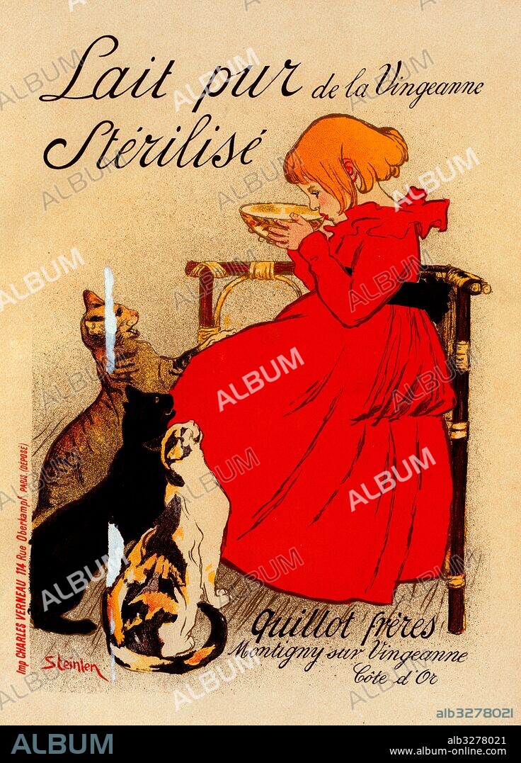 Poster for Lait pur stérilisé de la Vingeanne. Théophile Alexandre Steinlen, frequently referred to as just Steinlen 1859 – 1923, a Swiss-born French Art Nouveau painter and printmaker.