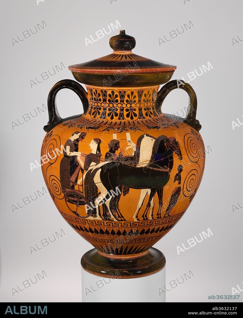 Terracotta neck-amphora (jar) with lid and knob (27.16). Culture: Greek, Attic. Dimensions: H. 18 1/2 in. (47 cm)
diameter  9 3/4 in. (24.8 cm). Date: ca. 540 B.C..
On the body, obverse and reverse, man and woman in chariot accompanied by woman and kithara player
On the shoulder, combat of foot soldiers and horsemen
Black-figure was a cumbersome, restricted, and quite artificial technique. The vases in this room testify to the variety of effect and the forcefulness of expression that is nonetheless permitted. Probably the greatest single black-figure artist was Exekias, who was both potter and painter. Although the essential ingredients of this work are traditional, its particular character is evident in the robust shape, the extraordinary precision and vitality in the figures and ornament, and the perfect relation of the decorative elements to the body beneath.