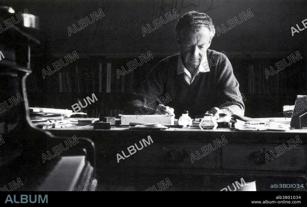 Edward Benjamin Britten, Baron Britten, (November 22, 1913 - December 4, 1976) was an English composer, conductor and pianist. Britten showed talent from an early age. He studied at the Royal College of Music in London and privately with the composer Frank Bridge. He first came to public attention with the a cappella choral work A Boy Was Born in 1934. With the premiere of Peter Grimes in 1945, he leapt to international fame. Over the next 28 years, he wrote 14 more operas, establishing himself as one of the leading 20th century composers in the genre. Recurring themes in the operas are the struggle of an outsider against a hostile society, and the corruption of innocence. Britten's other works range from orchestral to choral, solo vocal, chamber and instrumental as well as film music. He took a great interest in writing music for children and amateur performers, including the opera Noye's Fludde, a Missa Brevis, and the song collection Friday Afternoons. He often composed with particular performers in mind. His most frequent and important muse was his personal and professional partner, the tenor Peter Pears. Britten was a celebrated pianist and conductor, performing many of his own works in concert and on record. He died of congestive heart failure in 1976 at the age of 63. No photographer credited, autographed, undated.