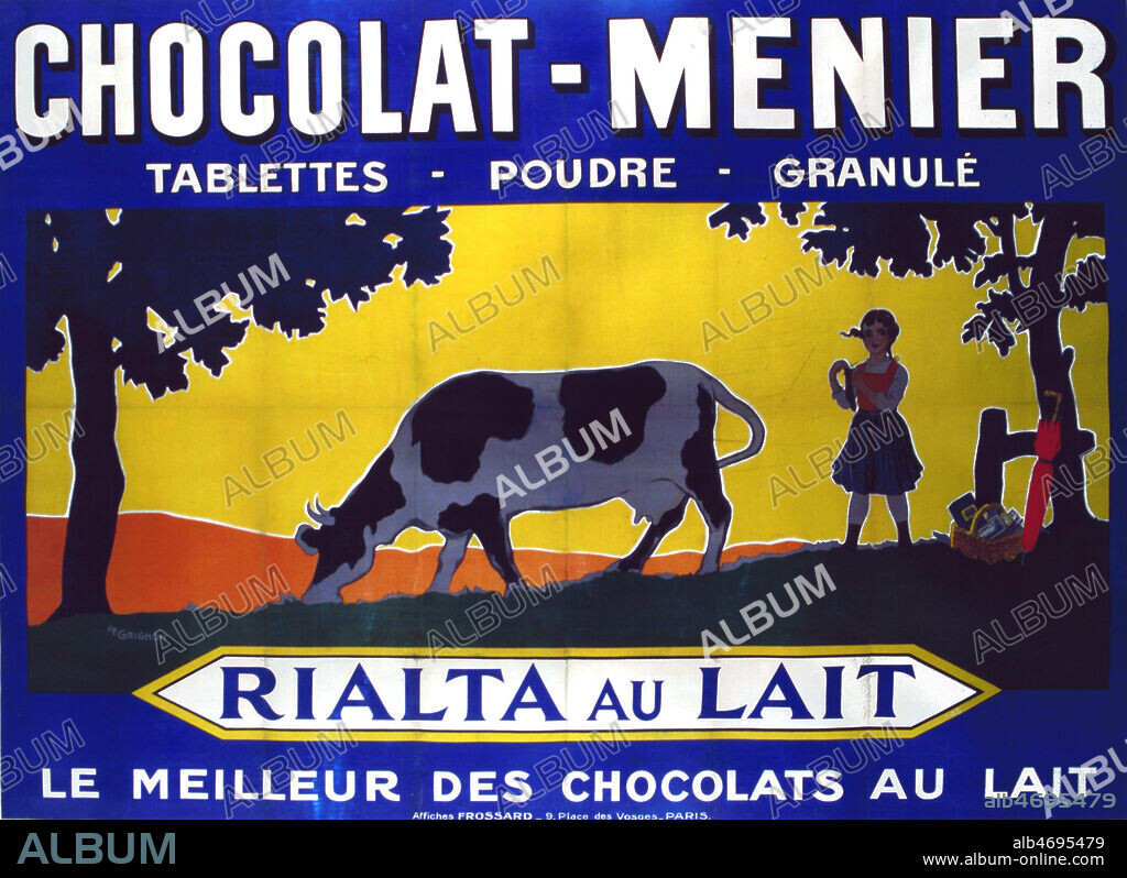 Affiche publicitaire pour le chocolat Menier representant une vache dans un pre. Credit : Coll. Perrin/KHARBINE-TAPABOR.