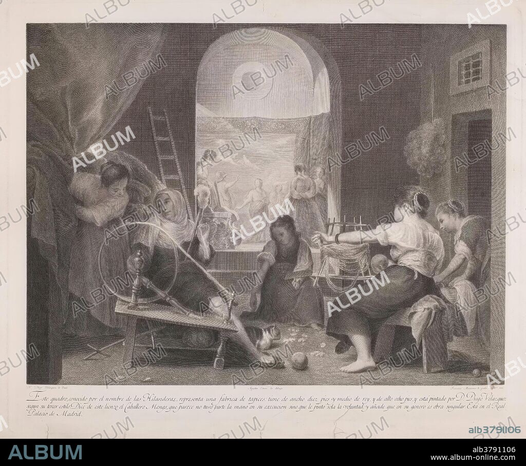 AGUSTÍN ESTEVE Y MARQUÉS y FRANCISCO MUNTANER Y MONER. Francisco Muntaner y Moner (Grabador) (Autor de la obra original Velázquez, Diego Rodríguez de Silva y); Agustín Esteve y Marqués (Dibujante) / 'Las hilanderas, o la fábula de Aracne'. 1796. Talla dulce: aguafuerte y buril sobre papel continuo, 547 x 664 mm.
