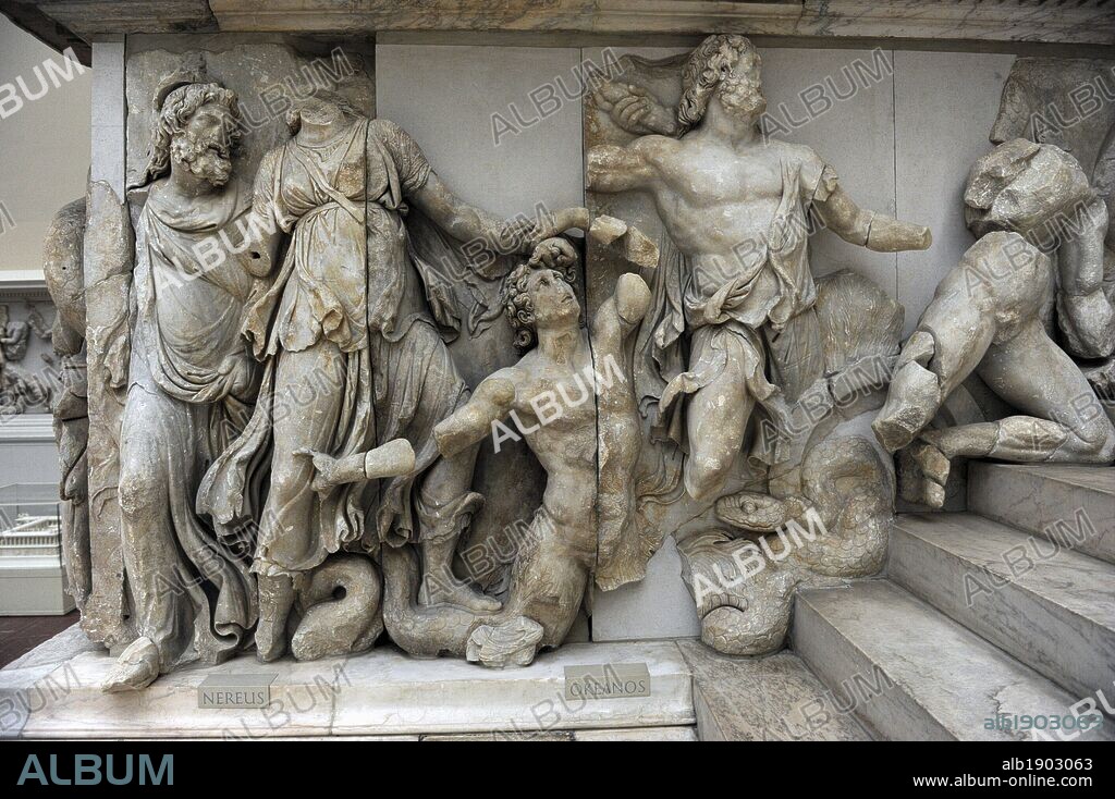 Pergamon Altar. Built by order of Eumenes II Soter. 164-156 BC by artists of the school of Pergamon. Marble and limestone. Gigantomachy. West frieze. Detail. Left to right: Nereus, Doris, giant, Oceanus and Thetis. Pergamon Museum. Berlin. Germany.