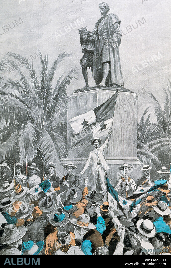 Historia de Panamá. Colón. Separación de Panamá de Colombia frente al Monumento a Colón. 3 de noviembre de 1903. Grabado coloreado.