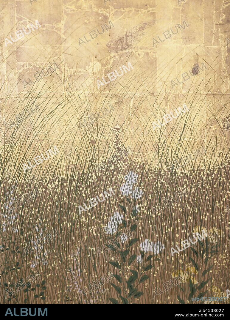 Moon in Musashi Plain, Unknown, Edo, early 1600s, color and gold on paper, 66-3/4 x 24-1/2 in. (each panel), Japanese, Asian Art.
