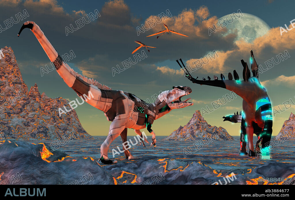 A sci-fi scene of Allosaurus and Stegosaurus dinobots about to battle.