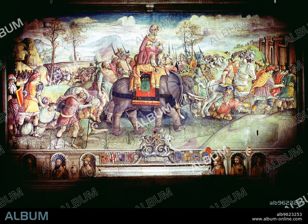 Hannibal and his army crossing the Alps, 218 BC. During the Second Punic War, the Carthaginian general Hannibal (247-182 BC) led his army, including elephants, across the Alps into northern Italy to confront the Roman army. He defeated the Romans in three battles, the Trebia (218 BC), Lake Trasimene (217 BC) and most decisively at Cannae (216 BC). From the collection of the Palazzo dei Conservatori Museum, Rome.