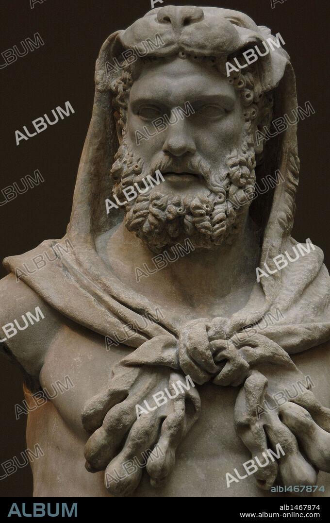 Roman Art. Marble statue of a bearded Hercules covered with lion's skin. Detail. Early Imperial, Flavian. (68-98). Restored in the seventeenth century. Metropolitan Museum of Art. New York. United States.