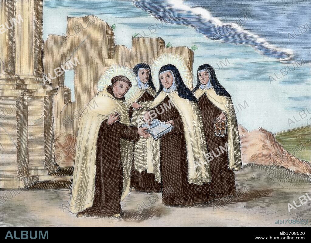 SANTA TERESA DE JESUS Y SAN JUAN DE LA CRUZ. Encuentro entre Teresa y Fray Juan de la Cruz en el otoño de 1567 (s. XVI). Reforma del Carmelo masculino. Grabado coloreado.