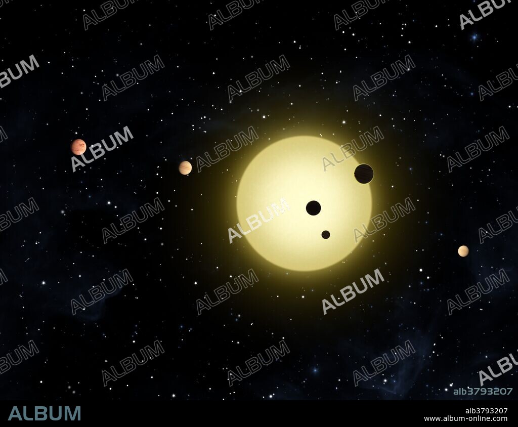Artist's concept shows Kepler-11, the most tightly packed planetary system yet discovered. Kepler-11 is a Sun-like star slightly larger than the Sun in the constellation Cygnus, located some 2,000 light years from Earth. It is located within the field of vision of the Kepler spacecraft, the satellite that NASA's Kepler Mission uses to detect planets that may be transiting their stars. Announced on February 2, 2011, the star system is among the most compact and flattest systems yet discovered. It is the first discovered case of a star system with six transiting planets. All discovered planets are larger than Earth, with the larger ones being about Neptune's size.