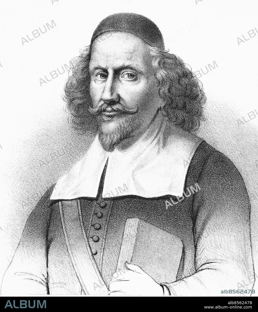 OKÄNT FOTODATUM.. Orig. bildtext... BIOGRAFISKA UPPGIFTER. Georg Stjernhjelm föddes i Dalarne 1598. Innan han adlades kallade han sig först Jöran Olsson och sedan Lillje. Fadren var bergsmannen Olof Marquardsson och modren hette Carin Matthisdotter. I yngre åren uppehöll han sig, med offentligt understöd, en tid utrikes, i Tyskland, Holland, England och Frankrike, och återkom 1625, då han blef lektor i Westerås. Han blef assessor i Dorpts hofrätt 1630, adlades 1631, utnämndes till landsråd i Liffland 1639, till ledamot i den så kallade Svenska Commissionen 1643, och 1648 till vicepresident i Dorpts hofrätt. Denna sistnämnda befattning tillträdde han likväl ej genast, utan tjenstgjorde ännu en tid i Stockholm såsom antiqurius regni och custus archivi och förvaltade stundom hofkanslertjenst. Han föll i ogunst hos drottningen, och hon ville förflytta honom till ledamot i krigskollegium. Men han vägrade att emottaga denna tjenst och gick till sitt egentliga ämbete i Dorpt. År 1656, då Ryssarne inföllo i Liffland, satte de eld på hans gård. Han flydde då till Sverige, men en storm öfverföll honom, hvarvid han förlorade all sin undan fienden frälsade egendom. Han blef 1653 utnämnd till landsdomare i Trondhjems län, men då detta afträddes, blef han 1661 krigsråd. År 1669 blef Stjernhjelm tillika antiquitets-kollegii styresman. Han var gift med Cecilia Bure, och afled i Stockholm 1672. Anm. 1600-tal Renässans Den svenska skaldekonstens fader Författare Skägg Mustasch persons: Georg Stiernhielm sites: SVERIGE.