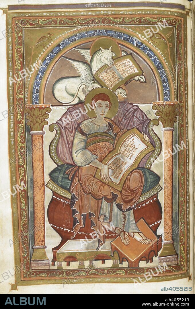 Evangelist portrait of Luke. Harley Golden Gospels. Four Gospels (the 'Golden Gospels', 'Harley Golden Gospels'; 'Codex Aureus'), with canon tables. Germany, W. (Aachen?) 1st quarter of the 9th century. Source: Harley 2788 f.108v. Language: Latin.