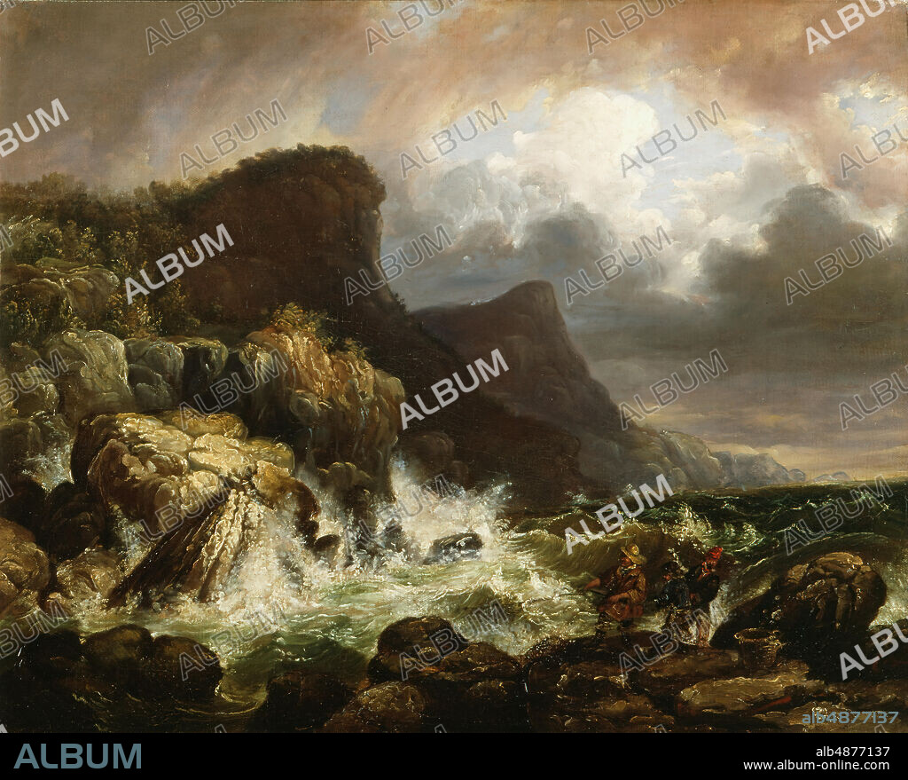 Daniel Huntington, Coast Scene, Storm Passing Off, ca. 1850, oil on canvas, 21 7/8 in. x 27 1/8 in. (55.56 cm x 68.9 cm), Regarding Daniel Huntington's paintings, critic Henry Tuckerman wrote in 1867: 'The main idea, the chief aim of his pictures, to which fidelity of detail and artistic effect are subsidiary, is to express a sentiment . He would not amuse, dazzle, or simply please us, he teaches and inspires.' Huntington was a leading figure in the New York art world at midcentury, serving as the president of the National Academy of Design beginning in 1862 and the founding vice president of the Metropolitan Museum of Art. A prominent portraitist, he also painted religious and historic subjects, as well as landscapes. Coast Scene, Storm Passing Off is a study for a larger painting of the same subject now in the collection of the Philbrook Museum of Art in Tulsa, Oklahoma.