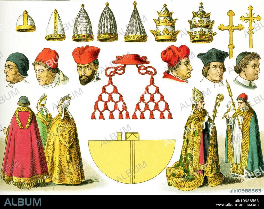 The images here all feature ecclesiastical Costume, from the 11th century through the 19th century. They are from left to right, top to bottom: a Pope's tiara from the 11th century, four Pope's tiaras from the 12th century, a Pope's tiara from the 14th century, a Pope's tiara from the 16th century, two Pontifical crosses, a calotte from the 15th century, a skull cap from the 15th century, a biretta from the 16th century, a Cardinal's hat at the end of the 16th century, a cardinal at the end of the 15th century, a bishop at the end of the 15th century, Soli Deo, a pluvial or choral hood worn since the 12th century, a priest at the end of the 13th century, a 15th century Bishop, a 19th century costume of a Bishop, the Choral hood of a 15th century Bishop, the Choral hood of a 15th century Precentor. The illustration dates to 1882.