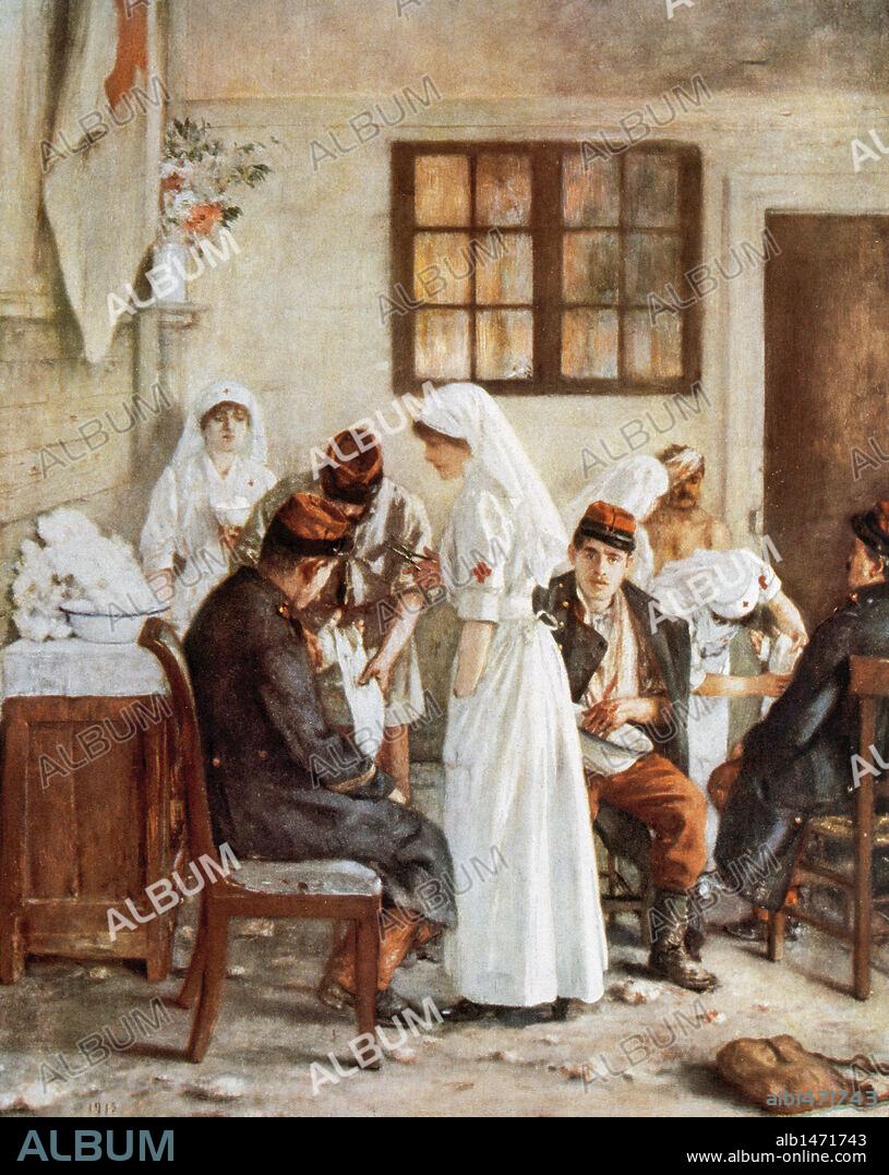 I GUERRA MUNDIAL (1914-1918). DISPENSARIO EN LA ESTACION DE POITIERS (1915). "ENFERMERAS ASISTIENDO A LOS SOLDADOS HERIDOS". Grabado coloreado.