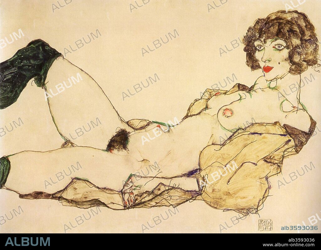 EGON SCHIELE. Lying nude with green stockings.