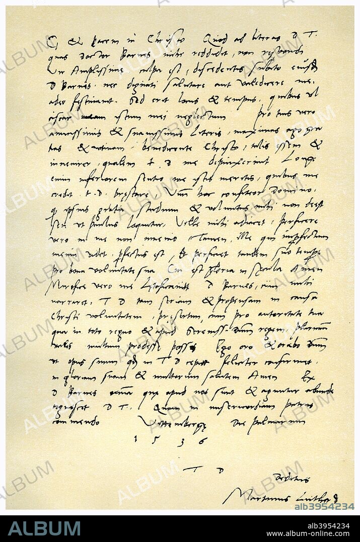 Letter from Martin Luther to Thomas Cromwell, 9th April 1536. Letter, written in Latin from Wittenberg on Palm Sunday, by Martin Luther to Thomas Cromwell (afterwards Lord Cromwell and Earl of Essex), Secretary to Henry VIII, excusing himself for not having replied to his letter bought by Dr Barnes on account of the sudden departure of the latter, deprecating the compliments to himself contained in it and expressing his joy at Cromwell's zeal for the cause of Christ and his power to advance it. From the second series of Facsimiles of royal, historical, literary and other autographs in the Department of Manuscripts, British Museum: Series I-V. (London, 1899).