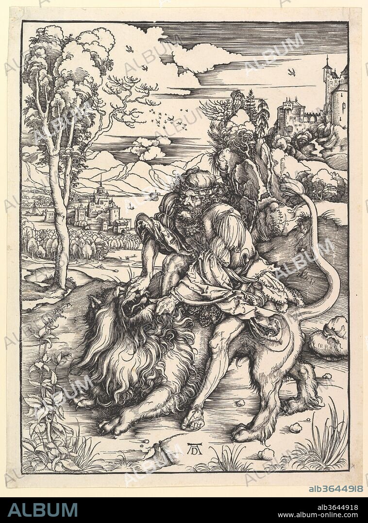 ALBRECHT DÜRER. Samson Rending the Lion. Artist: Albrecht Dürer (German, Nuremberg 1471-1528 Nuremberg). Dimensions: Sheet: 16 x 11 7/8 in. (40.6 x 30.2 cm). Date: ca. 1497-98.
Dürer elevated the medium of woodcut to an unprecedented level of technical virtuosity. In Samson Rending the Lion, he achieved striking pictorial effects that vie with those created in contemporary engravings. Remarkable gradations of tone were realized in the lion's mane--all the more amazing if one considers that each tapered black line in the print was formed in the woodblock by chipping away the wood on either side of the intended line. Such expert and self-assured handling is particularly characteristic of Dürer's early woodcuts, dating to the 1490s. A print engraved about twenty years earlier by Israel van Meckenem served as the source for Dürer's powerful depiction of the Old Testament hero who, "suddenly seized" by the spirit of God, "tore the lion to pieces as if it were a kid" (Judges 14:6). The weaponless Samson is here shown on the lion's back, one foot pressed into its neck as he forces open its mouth.