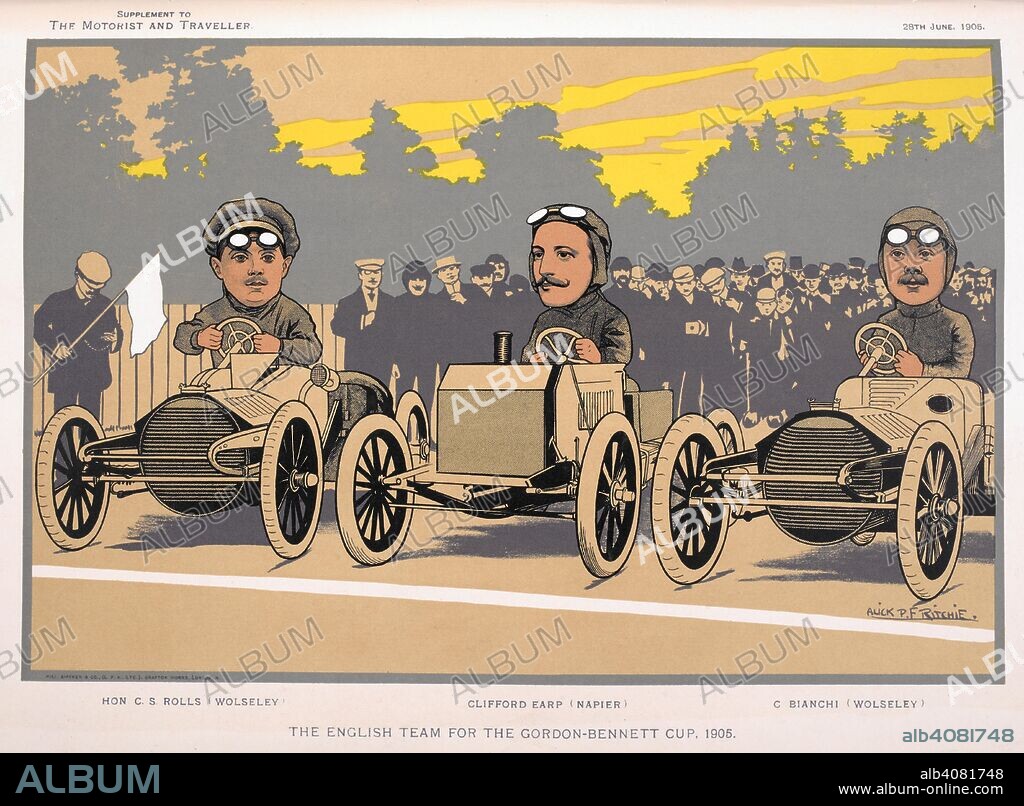 ALICK P. F. RITCHIE. The English team for the Gordon Bennett cup, 1905'. Hon. Charles Rolls (Wolseley); Clifford Earp (Napier); and, Cecil Bianchi (Wolseley).   The 1905 Gordon Bennett Cup, formally titled the VI Coupe Internationale, was a motor race held on 5 July 1905, on the Auvergne Circuit in France.  . The Motorist and Traveller. London 1905. Source: The Motorist and Traveller. 28 June 1905. Opposite page 818.