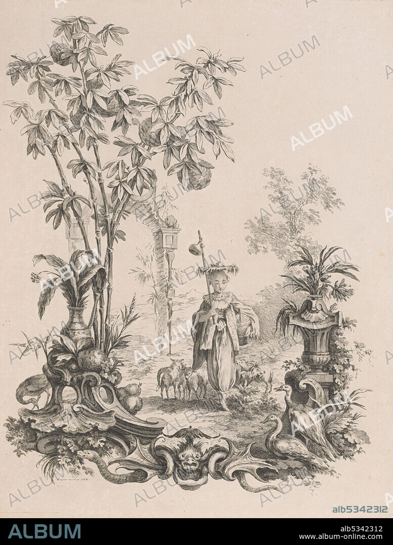 FRANCOIS-ANTOINE AVELINE. Jeune Chinoise marchant, entourée de ses moutons, ca.1740-50. [Young Chinese merchant, surrounded by her sheep].