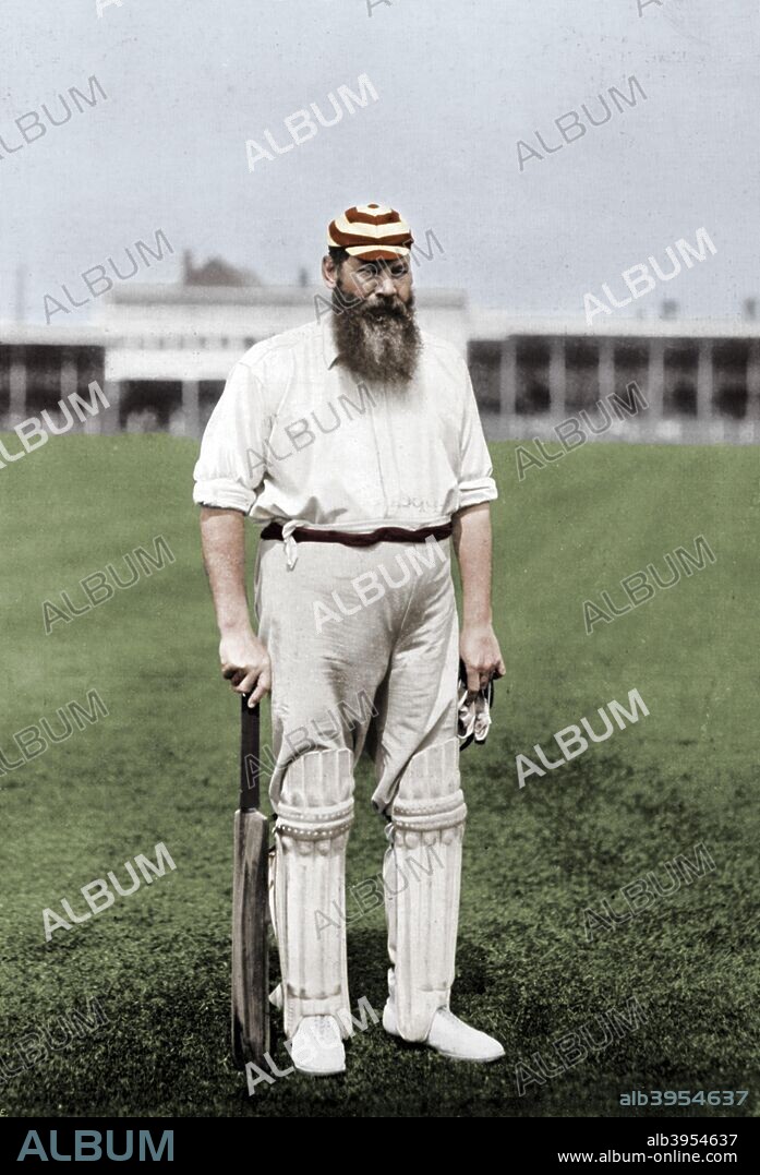 Dr WG Grace, English cricketer, playing for London County Cricket Club, c1899. Regarded as possibly the greatest cricketer of all time, WG Grace (1848-1915) played first class cricket for 44 seasons from 1865 until 1908, representing Gloucestershire, London County Cricket Club, the MCC and England. A print from The Book of Cricket, a Gallery of Famous Players, edited by CB Fry, George Newnes Ltd, London, c1899. (Colorised black and white print).