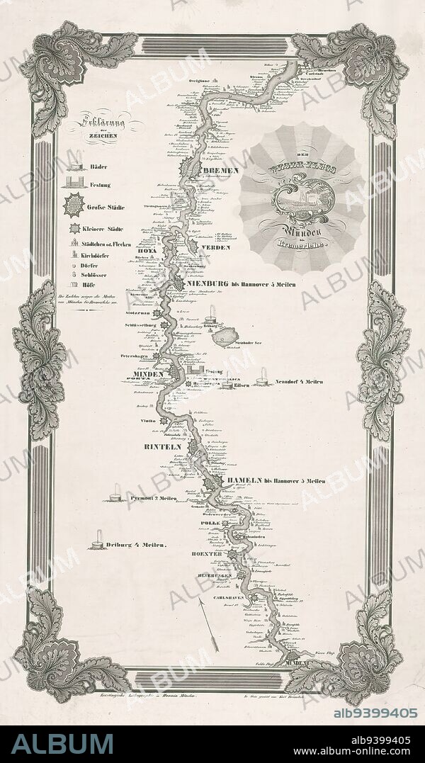 Map of the flow of the Weser, from Hannoversch-Münden to Bremerhaven, Der Weser-fluss von Münden bis Bremerlehe (title on object), print maker: Karl Bräunlich, (mentioned on object), publisher: Kerstingsche Lithographie, (mentioned on object), 1800 - 1899, paper, height 696 mm × width 444 mm.